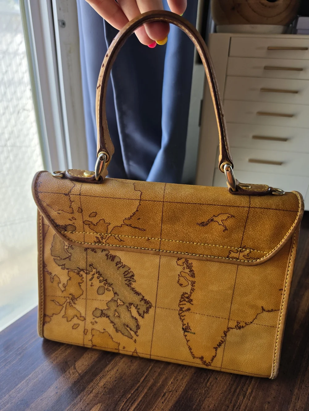 Alviero Martini Brown Map-Print Top Handle Bag